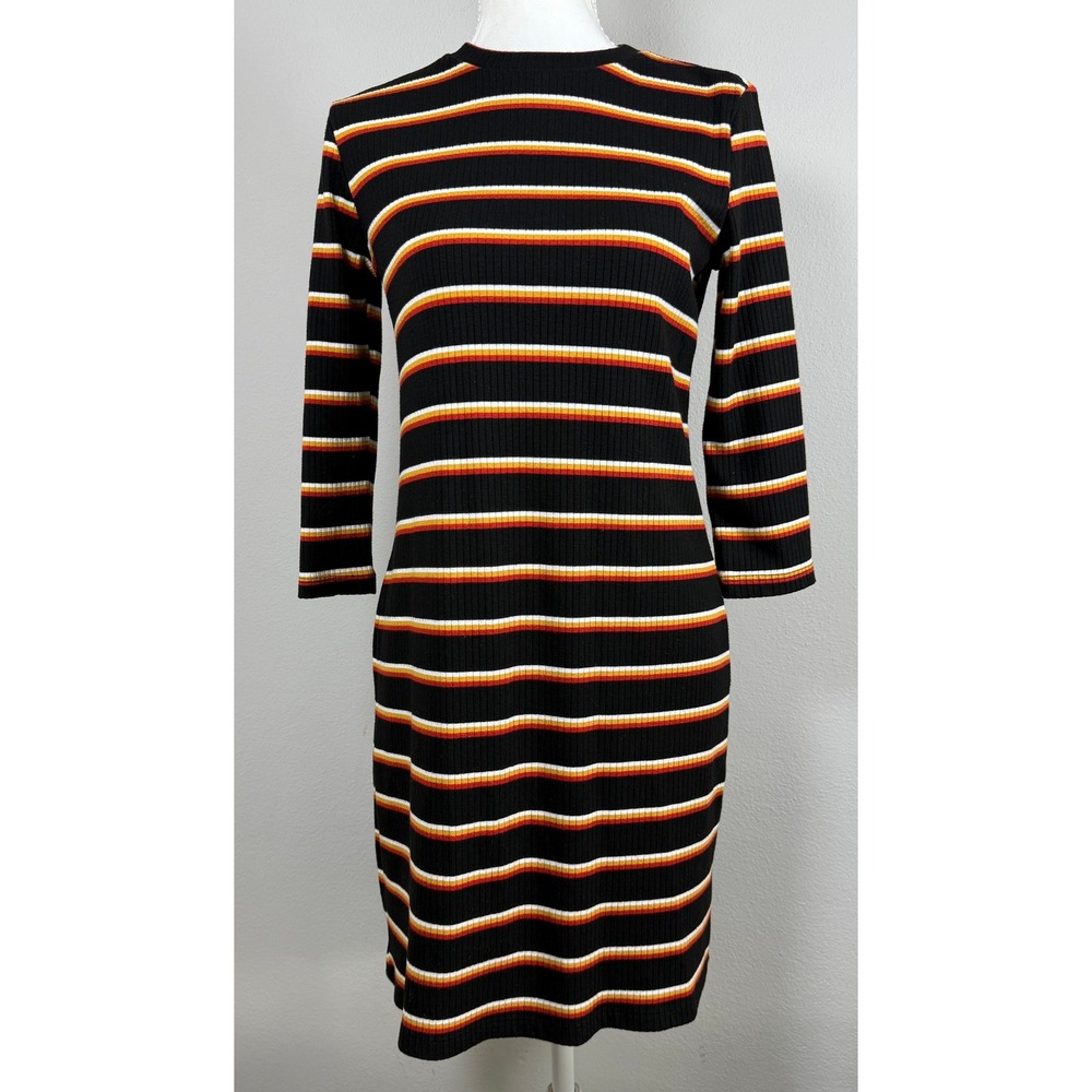 Bershka Striped Bodycon Dress Womens Small 70s Retro Ribbed Knit Mini 3/4 Sleeve